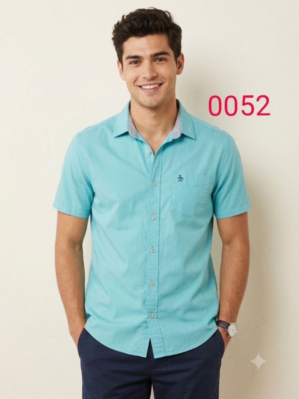 Original Penguin Blue Solid Woven Classic Fit Short Sleeve Button-Up Men's L